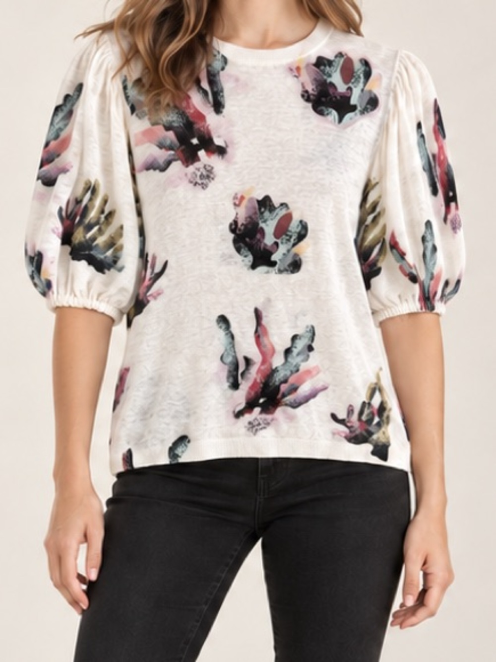 Bimba y Lola Ivory Coral Print Puff Balloon Sleeve Knit Top Abstract Boho XS / S